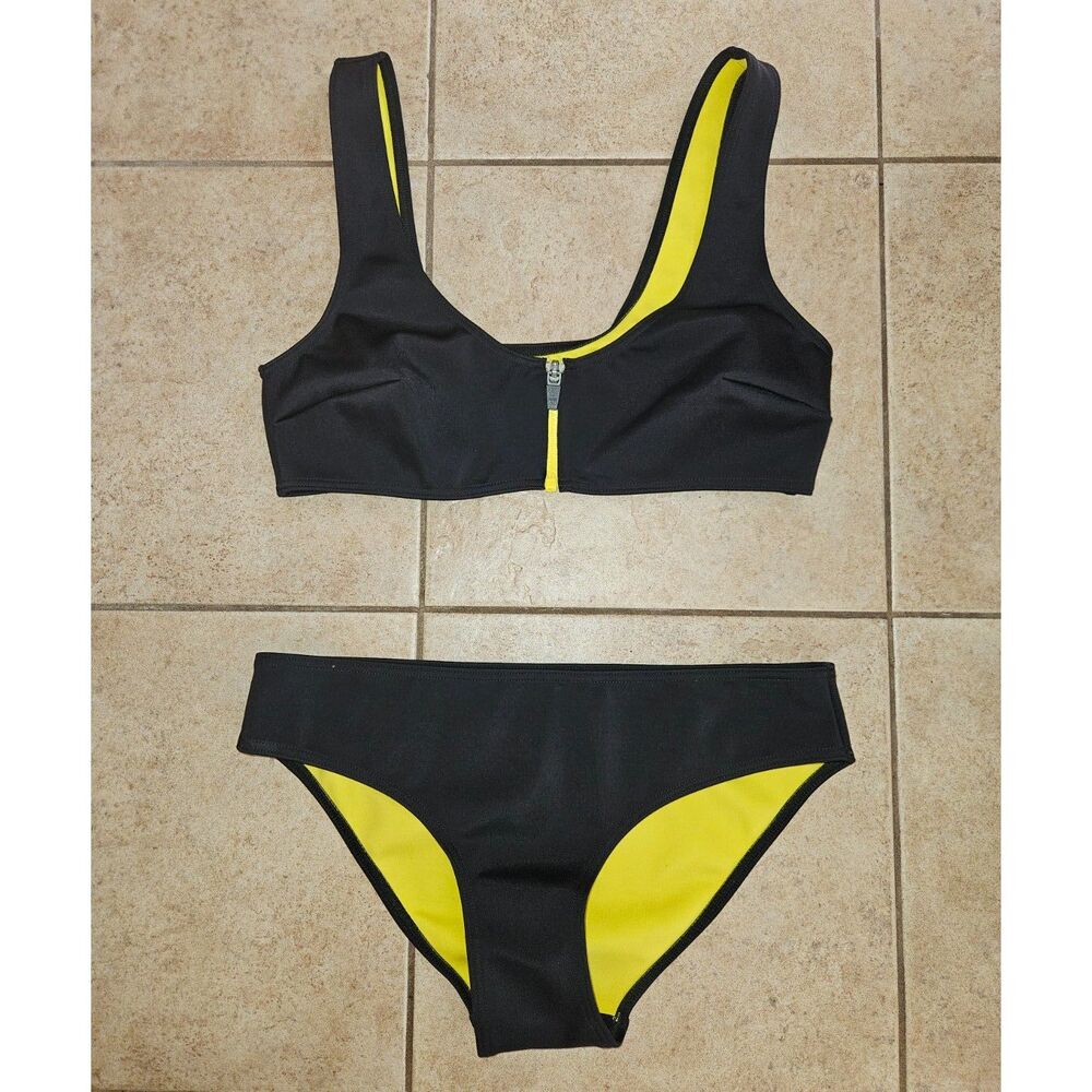 NWOT Cardo Paris Sporty Bikini Black Neon Yellow Zip Front Medium